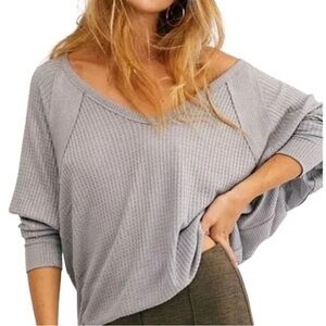 We The Free Waffle Knit V-Neck Long Sleeve Oversized Top – Gray, Size XS